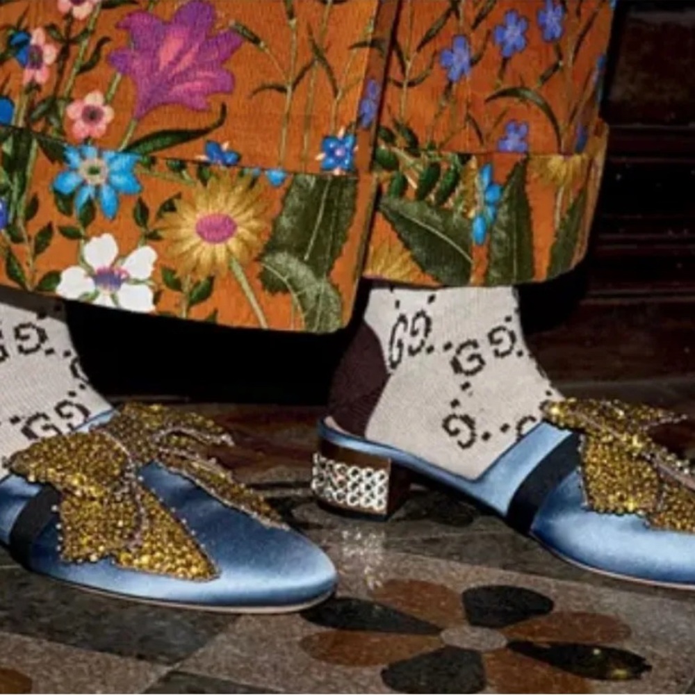 Gucci Blue and Gold Mules with Metallic Embellishments NEW W/O BOX